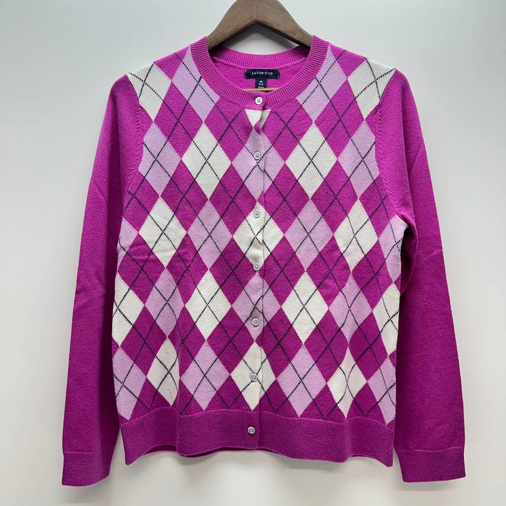 Lands' End 100% Cashmere Argyle Cardigan Women's Medium